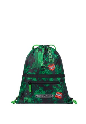 Zaino con coulisse con grafiche pixelate verdi di Minecraft Creeper e TNT, tasca frontale con zip e logo "Minecraft" su sfondo nero.