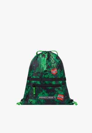 Plecak na sznurki z zielonym pikselowym motywem Minecraft Creeper i TNT, przednia kieszeń na zamek oraz logo „Minecraft” na czarnym tle.