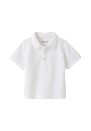 White short-sleeve baby polo shirt with two buttons and a collar, sized for 6 months (67 cm).
