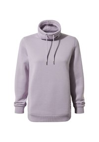 Lavender hooded sweatshirt made from soft fabric. Features a high collar, drawstrings, and ribbed cuffs and hem. Smooth texture with minimal design.