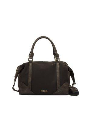 Borsa nera con un mix di tessuto e pelle sintetica, con manici rotondi, tracolla removibile e dettaglio logo in tono oro.