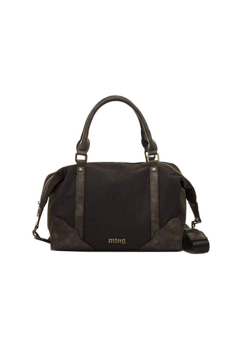 Sac à main noir avec un mélange de tissu et de simili cuir, doté de poignées rondes, d'une bandoulière amovible et d'un détail logo en ton doré.