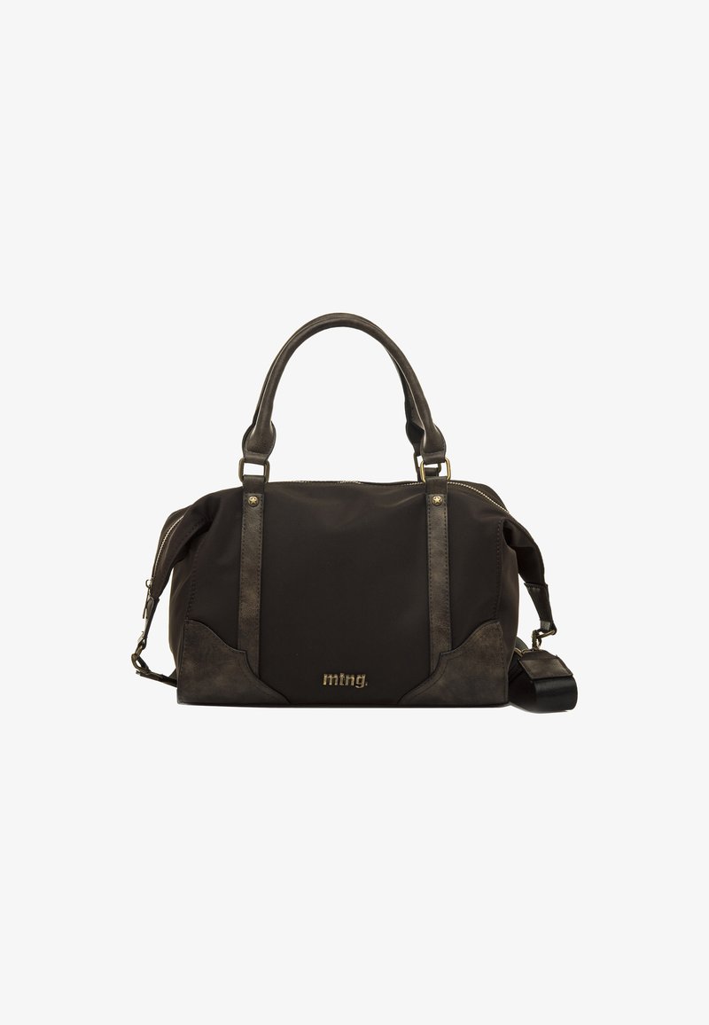 Schwarze Handtasche aus einer Mischung aus Stoff und Kunstleder, mit runden Henkeln, einem abnehmbaren Schultergurt und goldfarbenem Logo-Detail.