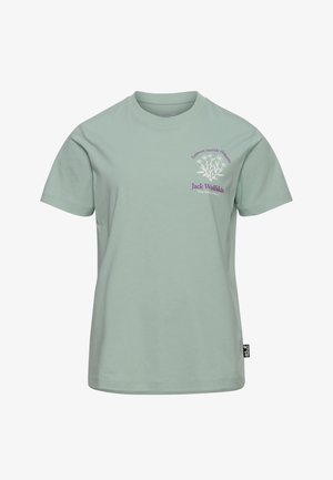 Minzgrünes Baumwoll-T-Shirt mit kurzen Ärmeln, vorne mit einem Logo in Lila und Weiß, und einem gerade geschnittenen Saum.