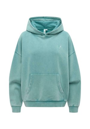 Lyseblågrønn oversized hettegenser med kengurulomme foran, ribbestrikkede mansjetter og kant, og liten brodert logo på venstre bryst.