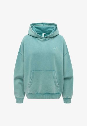 Hell türkiser übergroßer Kapuzenpullover mit Kängurutasche vorne, gerippten Bündchen an Ärmeln und Saum sowie kleinem gesticktem Logo auf der linken Brust.
