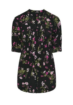 Blusa negra de manga corta con botones en la parte frontal, que presenta un estampado floral en tonos rosa y blanco, y un diseño plisado en el frente. Tela ligera.