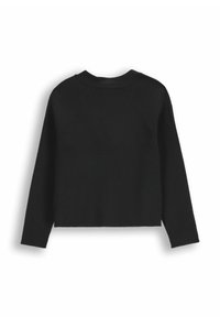 Czarny krótki sweter z długimi rękawami i prążkowaną fakturą. Posiada okrągły dekolt oraz fason raglanowy rękawów.