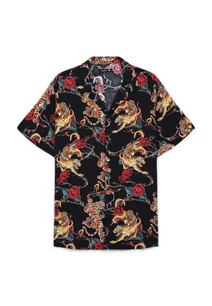 Camicia nera a maniche corte con bottoni e motivo vivace di tigri e rose rosse.