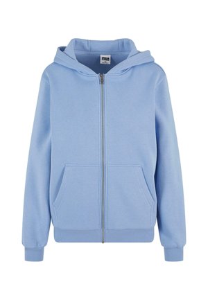 Helleblaue Zip-Hoodie aus weicher Baumwolle. Verfügt über eine Kängurutasche, gerippte Bündchen und eine Kapuze. Glatte Textur und normale Passform.