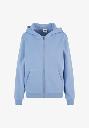 Felpa con zip di colore blu chiaro, realizzata in morbido cotone. Presenta una tasca a marsupio, polsini a costine e un cappuccio. Texture liscia e vestibilità standard.