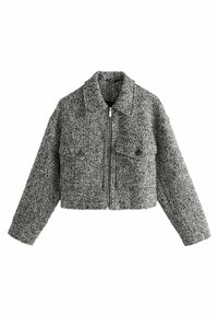 Veste courte en tweed gris et noir avec fermeture éclair sur le devant, grand col et poches poitrine doubles. Dotée de manches longues et d'un tissu texturé.