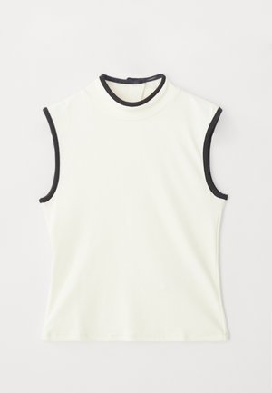 Baltā auduma bez piedurknēm blūze ar augstu kakla izgriezumu un melnu apdari ap kaklu un roku caurumiem. Gluda tekstūra un pieguļošs dizains.