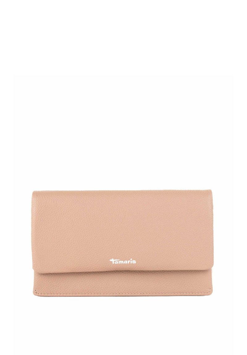Pink leather wallet with a textured finish, featuring a flap closure and the brand name "Tamaris" embossed in white at the front.