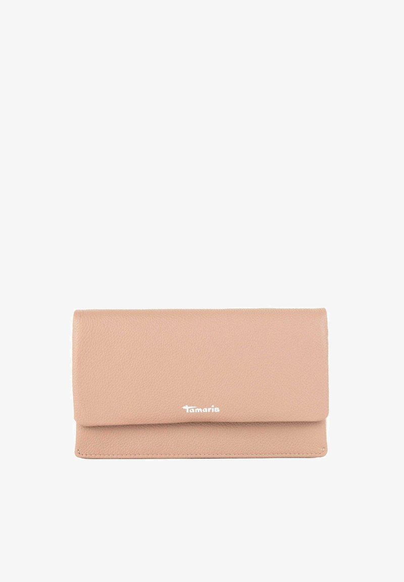 Pink leather wallet with a textured finish, featuring a flap closure and the brand name "Tamaris" embossed in white at the front.