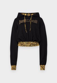 Felpa nera corta con accenti in oro e stampa animalier sui polsini, sulla vita, sull'interno del cappuccio e sui lacci, e testo "just cavalli" sulla parte frontale.