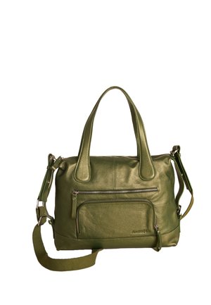 Olivgrüne Lederhandtasche mit zwei oberen Henkeln, verstellbarem Schulterriemen und zwei vorderen Reißverschlusstaschen.