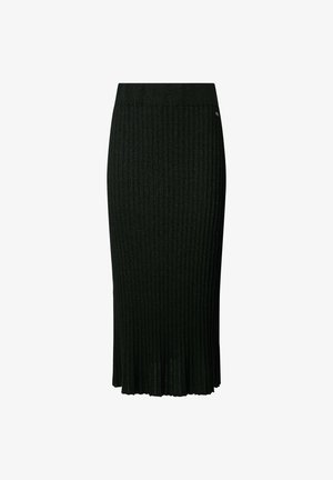Black ribbed skirt made from a textured knit, knee-length with a flared hem. Features an elastic waistband and subtle shine.