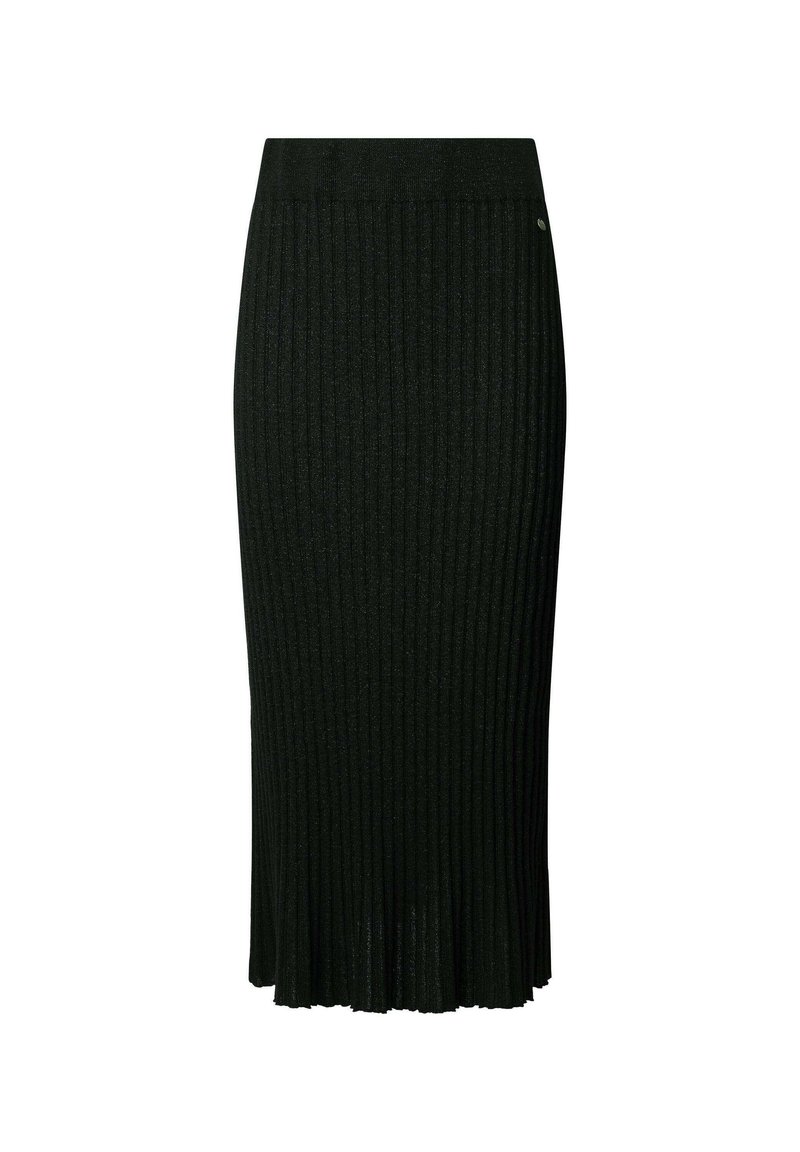 Falda negra de canalé hecha de un tejido de punto texturizado, de largo hasta la rodilla con un dobladillo acampanado. Presenta una cintura elástica y un brillo sutil.