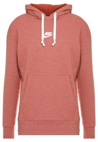 Röd Nike-huvtröja med vita dragsko, framficka i kängurustil och Nike-logotyp på bröstet.