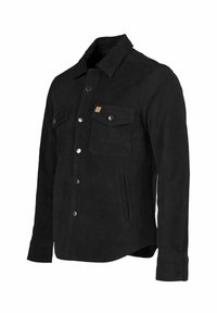 Fekete velúr dzseki gombos elülső résszel, két mellzsebbel, oldalsó kéz zsebekkel és klasszikus gallér kialakítással.