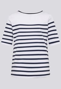 White short-sleeve shirt with navy horizontal stripes. Features a wide neckline and a loose fit. Soft, cotton-like texture.