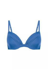 Niebieski biustonosz z fiszbinami i regulowanymi ramiączkami, o gładkiej fakturze i zgromadzonym materiale na środku. Posiada dekolt w kształcie litery V.