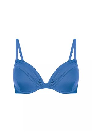 Niebieski biustonosz z fiszbinami i regulowanymi ramiączkami, o gładkiej fakturze i zgromadzonym materiale na środku. Posiada dekolt w kształcie litery V.