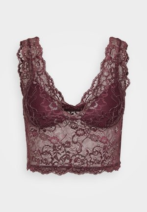 Burgundijas krāsas mežģīņu bralete ar ziedu rakstiem, viļņota kakla izgriezuma un pieguļoša ķermeņa dizaina. Mīksta, caurredzama tekstūra ar regulējamiem siksniņām.