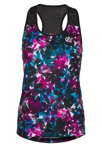 Top de tirantes multicolor con un patrón floral en púrpura, azul y negro, con una espalda de malla negra y un dobladillo redondeado.