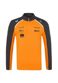 Polopulower z półzamkiem w jasnopomarańczowym kolorze z jasnoszarymi rękawami. Posiada logo, w tym McLaren i Dell, o gładkiej teksturze i sportowym kroju.