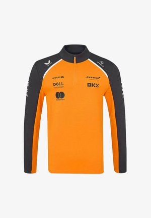 Polopulower z półzamkiem w jasnopomarańczowym kolorze z jasnoszarymi rękawami. Posiada logo, w tym McLaren i Dell, o gładkiej teksturze i sportowym kroju.
