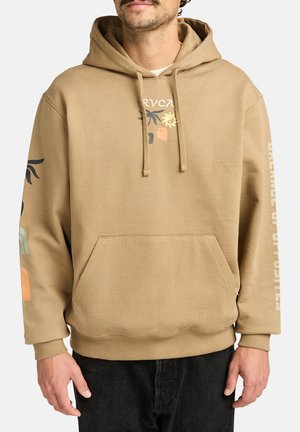 Tan hooded sweatshirt made of cotton, featuring a front pocket, and colorful graphic designs on the chest and sleeve.