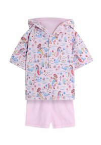 Rosa tvådelad outfit bestående av en kortärmad hoodie med en lekfull undervattenstryck och matchande rosa shorts.