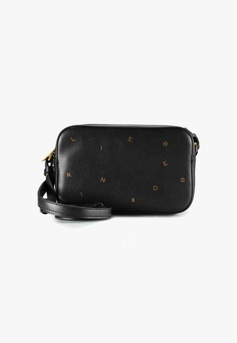 Sacoche rectangulaire en cuir noir avec des lettres dorées éparpillées et une bandoulière ajustable sur fond blanc.