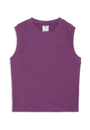 Top court violet sans manches en maille côtelée avec encolure ronde et petit logo Puma brodé sur le haut gauche de la poitrine.