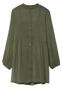 Olivgrüne Bluse mit rundem Halsausschnitt, Knopfleiste und strukturiertem Stoff. Besitzt lange Ärmel und ein gerafftes Taillendetail.