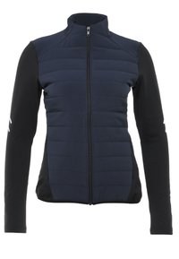 Veste bleu marine avec devant matelassé et manches noires unies, dotée d'une fermeture zippée intégrale et d'une coupe ajustée.