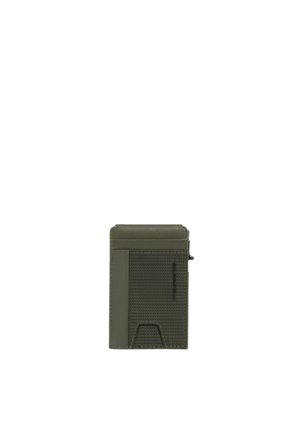 Dark green compact wallet with textured front pocket, smooth top edge, and a small metal clip on the right side.