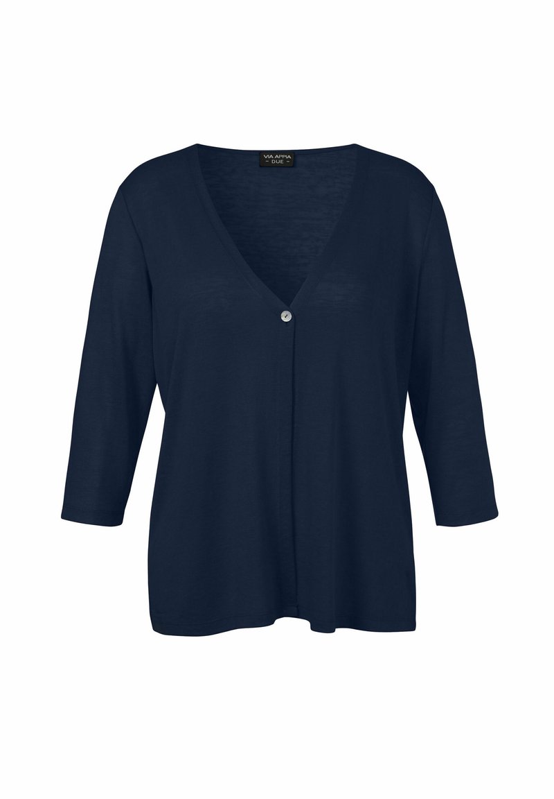 Dunkelblauer Cardigan mit tiefem V-Ausschnitt, Dreiviertelärmeln und einem einzelnen Knopfverschluss. Hergestellt aus einem weichen, leichten Stoff.