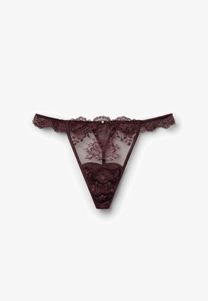 Burgunderfarbener Spitzentanga mit Blumenmustern, einem transparenten Netzvorderteil, gewellten Rändern und einem kleinen dekorativen Perlenakzent in der Mitte.