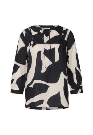 Black and white patterned blouse with a V-neck, drawstring closure, and three-quarter sleeves. Made of lightweight fabric.