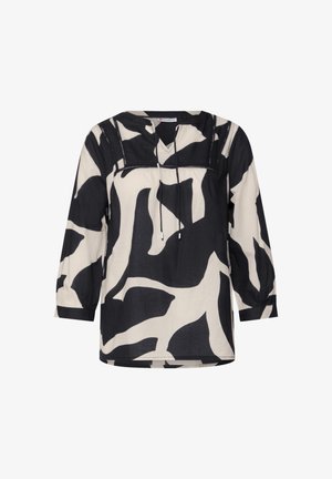 Zwart-wit geblokte blouse met V-hals, trekkoordsluiting en driekwart mouwen. Gemaakt van lichtgewicht stof.