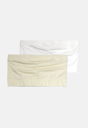 Two tube tops in white and light beige, featuring a ribbed texture and gathered detail at the center. Fabric is stretchy and lightweight.