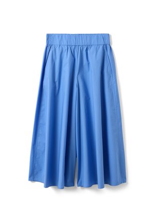 Pantalones azules de pierna ancha y corte cropped con cintura elástica y bolsillos laterales, fabricados con tejido liso y ligero.