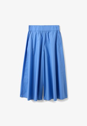 Pantalones azules de pierna ancha y corte cropped con cintura elástica y bolsillos laterales, fabricados con tejido liso y ligero.