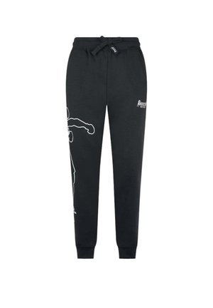 Pantaloni da tuta neri in cotone, con una stampa grafica bianca di un pugile sulla gamba sinistra e una cintura elastica regolabile.