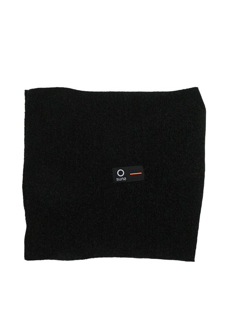 Scaldino per collo in maglia nera rettangolare con un piccolo marchio rettangolare al centro che presenta un cerchio bianco e una linea arancione.