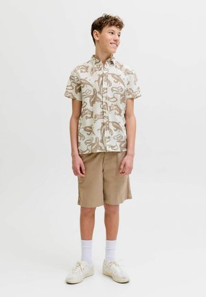 Nastolatek stoi, ubrany w beżowo-białą koszulę na krótki rękaw z nadrukiem i guzikami, khaki szorty, białe skarpety i białe tenisówki, uśmiechający się.