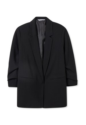Giacca blazar nera con design strutturato, ampie rever e due tasche frontali. Presenta una fodera interna liscia e maniche arrotolate.